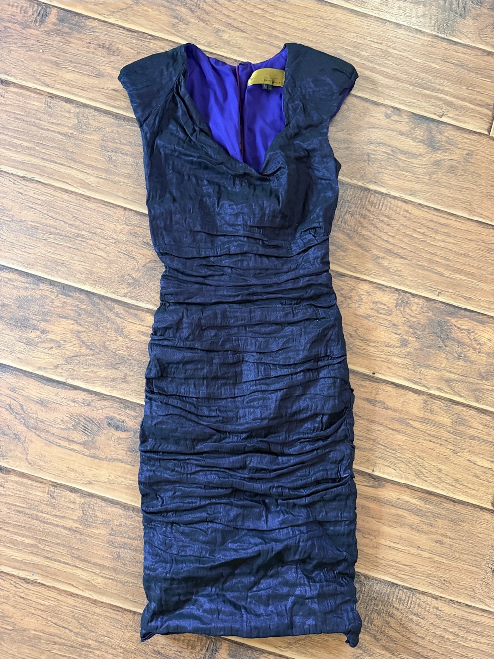 Nicole Miller Navy Ruched Midi Dress with Purple Lining